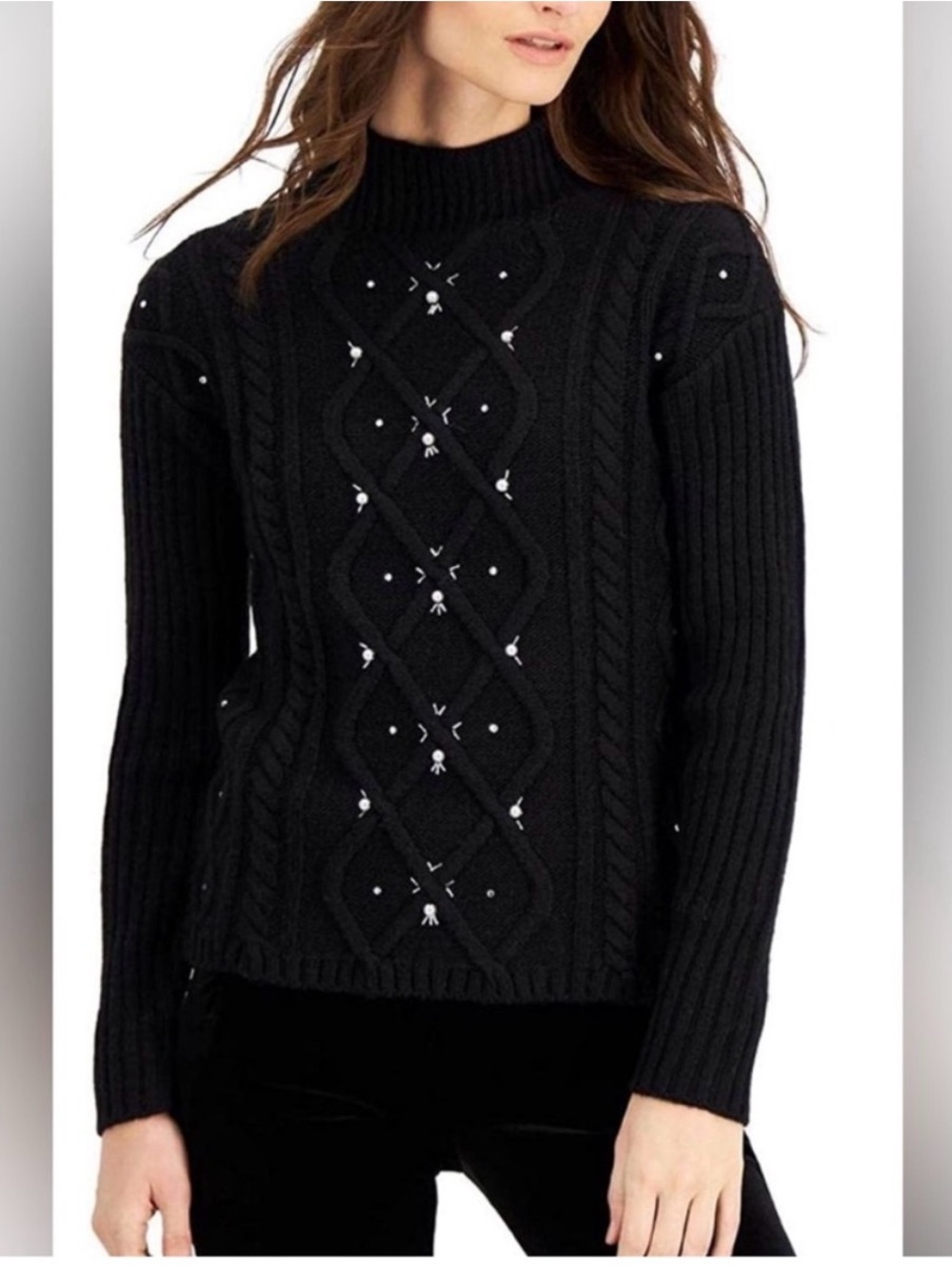 Donna Karen Embellished Mock
Neck Cable Knit Sweater Black